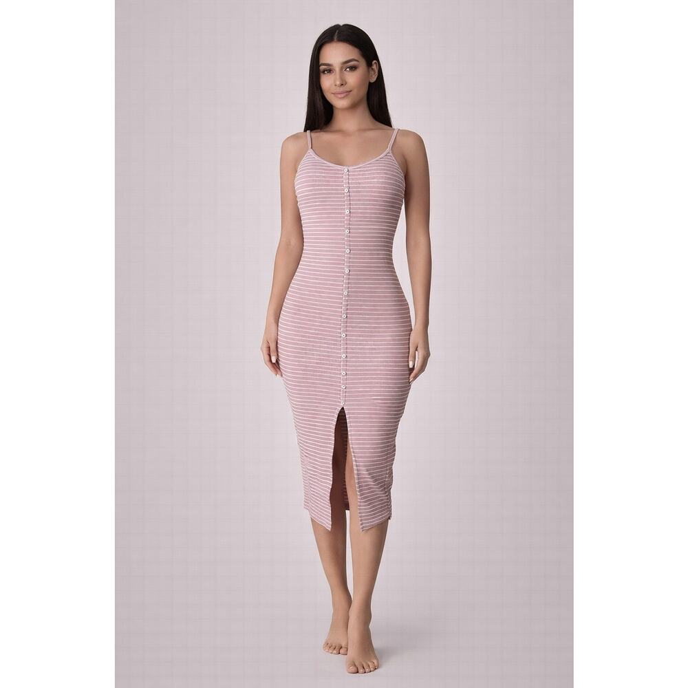Cien Womens Small Pink Stripe Ribbed Dress Spaghetti Strap Button Front Bodycon
